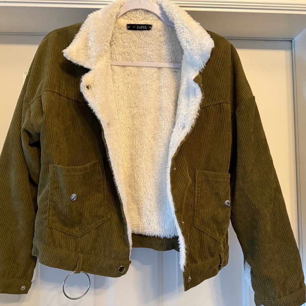 Zaful Olive Corduroy Jacket with White Fleece